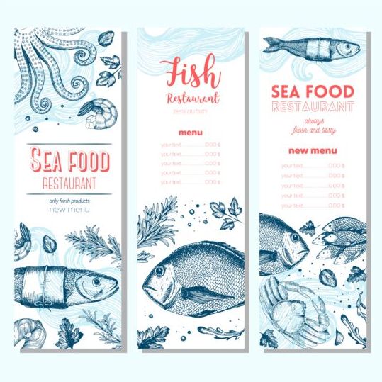 Les bannières de nourriture de mer dessinées à la main vecteur 01 nourriture mer main dessiné bannières   