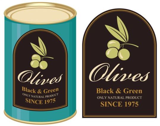 Olivenöletiketten mit Packungsdosen Vektoren 02 Paket Olivenöl Etiketten   