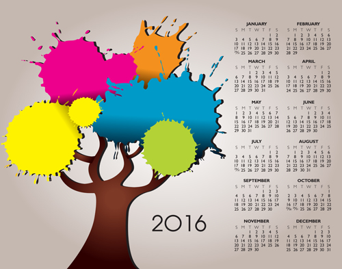 水彩画の木のベクトルと2016カレンダー 水彩画 ツリー カレンダー 2016   