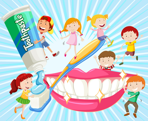 Cartoon-Kinder mit Zahnpflegevektor 04 Pflege Kinder Dental cartoon   