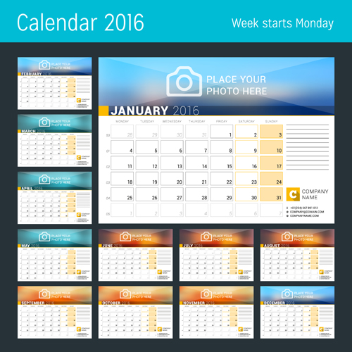 Farbige Schreibtischkalender 2016 Vektorgrafik 01 Schreibtisch Kalender Grafik farbig 2016   