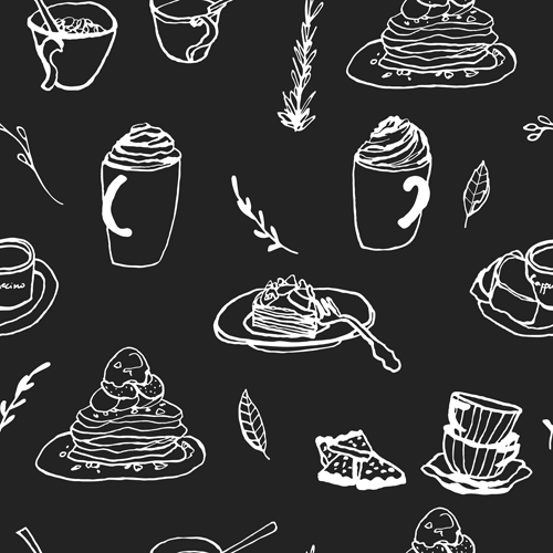 手描きのコーヒーとケーキのシームレスなパターンベクトル01 手描き 手のドロー パターン シームレス コーヒー ケーキ   