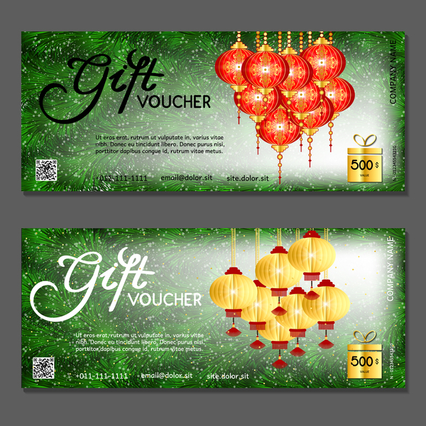 Modèle de chèques-cadeaux de nouvel an avec vecteur de lanterne chinoise 01 neuf lanterne Chinois cadeau bons année   