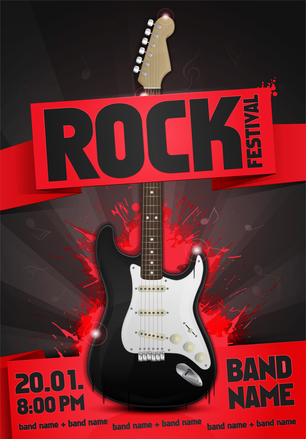 Affiche de fête Rock Festival avec vecteur de guitare 02 rock poster guitare fête festival   