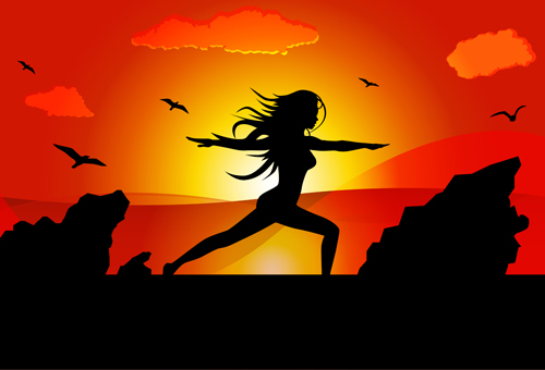 Yoga-Pose Silhouetter mit Sonnenuntergang Hintergrund Vektor 03 yoga Sonnenuntergang silhouetter pose Hintergrund   