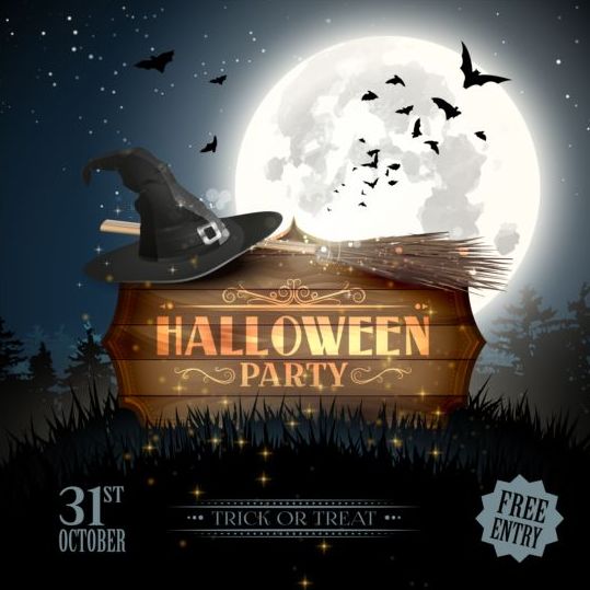 Halloween-Party-Plakat mit Holzetiketten Vektor wooden poster party labels halloween   