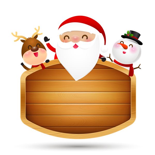 Renne de Noël Santa Claus et bonhomme de neige perché au vecteur de panneau en bois renne père Noël perché Noël en bois Claus bonhomme de neige   
