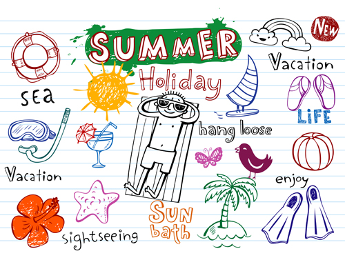 Niedliche Sommer-Feiertags-Hand-Zeichnungselemente Vektor Urlaub Sommer Handzeichnung Elemente   