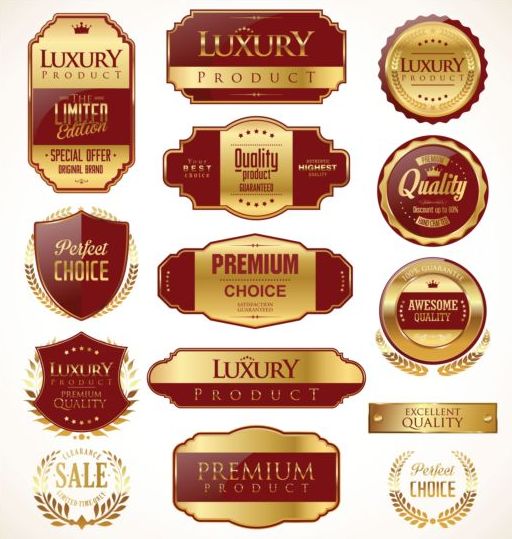 Rouge avec des badges de prime d’or et des étiquettes vecteur rouge premium or étiquettes badges   