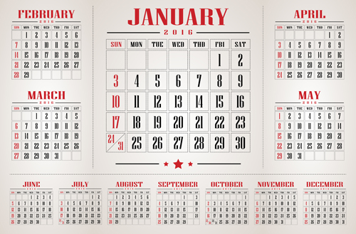 Retro 2016 Kalender Design Vektormaterial 02 material Kalender design 2016   