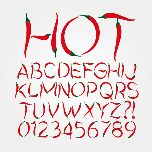 Heißes Pfefferalphabet mit Zahlen Vektormaterial paprika Nummern alphabet   