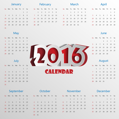 2016 Kalender mit Papier geschnittenem Vektormaterial Schnitt papier material Kalender 2016   