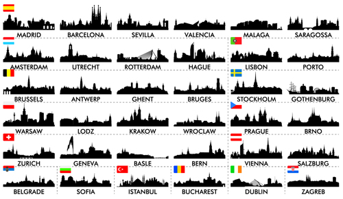 Grandes villes silhouette ensemble vecteur 04 villes silhouette grandes   