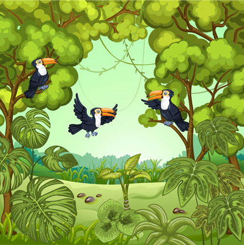 ジャングルの漫画のベクトルを持つ鳥 鳥 漫画 ジャングル   