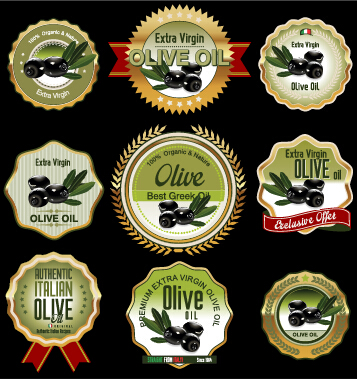 Olivenöl im grünen Stil Vektor 03 Olivenöl Grünstil Abzeichen   
