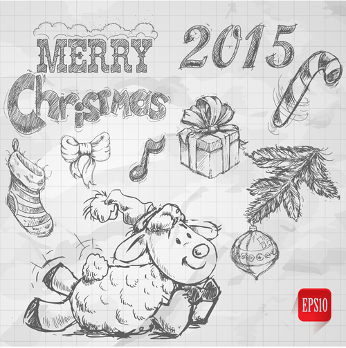 Dessiné à la main Noël 2015 moutons année éléments vecteur 01 Noël mouton element dessiné à la main 2015   