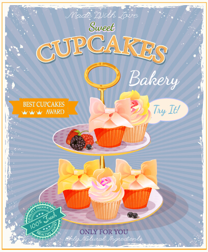 Rétro publicité affiche cupcakes vecteur 03 Publicité poster cupcake   