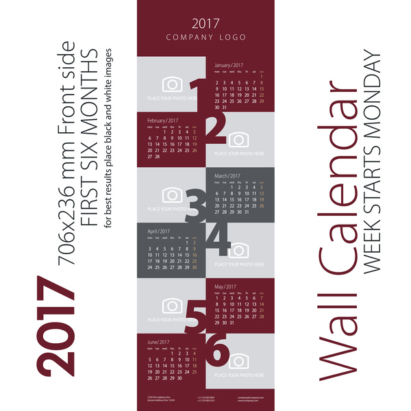 Kalender 2017 erste sechs Monate marode graue Vektor zuerst Kalender 2017   