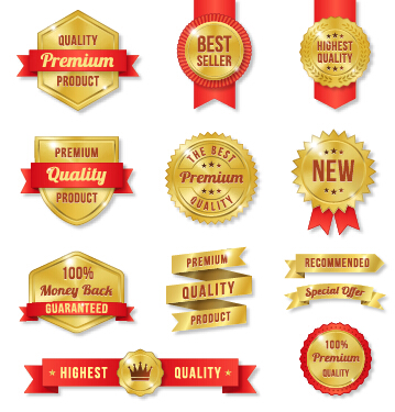 Goldene Premium-Etiketten mit rotem Band Vektor 01 Qualität premium labels golden   