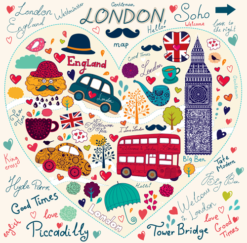 Handgezeichnete London-romantische Elemente Vektor 04 Romantik london Hand gezeichnet element   