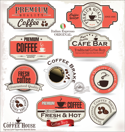 Klassischer Kaffeehausaufkleber mit Etiketten-Vektor sticker klassischer Kaffee Klassischer Kaffeehaus kaffee Haus Etiketten   