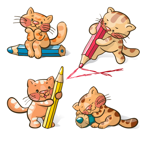 Chats mignons et crayon vecto matériel mignon matériel crayon chats chat mignon   