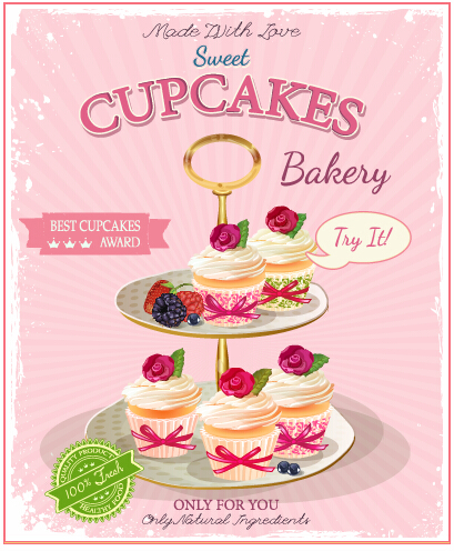 Retro Werbung Plakat Cupcakes Vektor 02 Werbung Retro-Schrift cupcake   