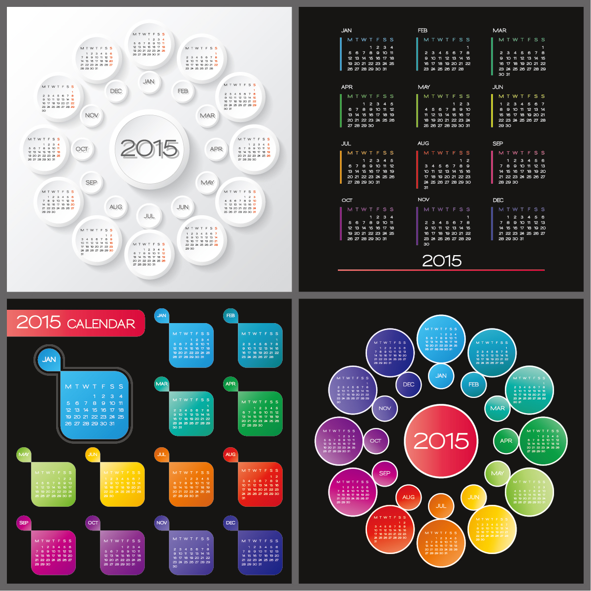 グリッド2015カレンダーで丸めるベクトルデザイン ラウンド カレンダー 2015   