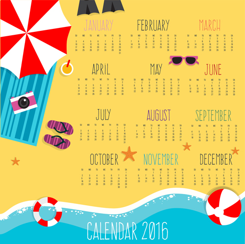 Sommerurlaub Stile Kalender 2016 Vektor Urlaub Sommer Kalender 2016   