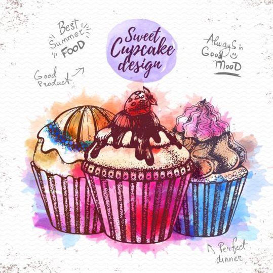 甘いカップケーキ手描き水彩ベクトル12 甘い 水彩 描画 手 カップケーキ   