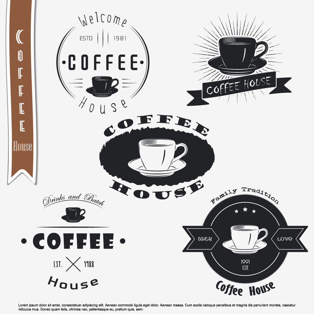 Kaffee schwarze Logos mit Etiketten Vektor-Set 01 logos kaffee Etiketten   