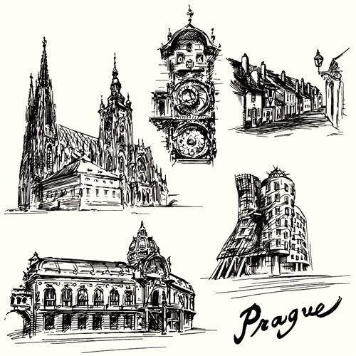 Vecteur de construction de Prague dessiné à la main Prague main dessiné bâtiment   