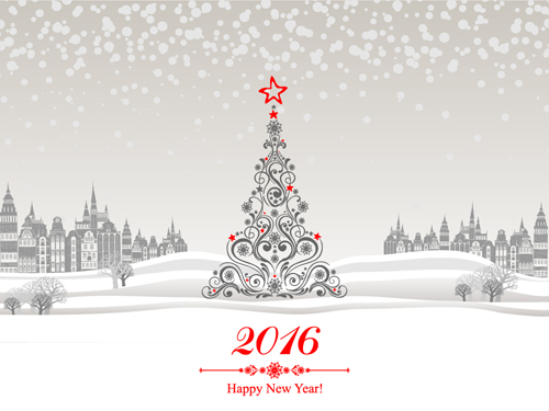 2016 nouvel an avec arbre de Noël vecteur de fond d’hiver 03 nouvel an Noël hiver 2016   