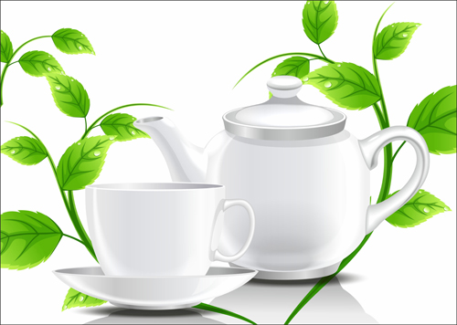 Teetasse Teekanne und grüne Blätter Hintergrund Vektor 02 Teekanne Hintergrund grüne Blätter Grüne Blätter Hintergrund   