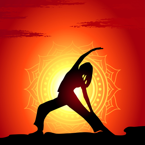 Yoga-Silhouetter mit Sonnenuntergangshintergrund Vektoren 01 yoga sunset silhouetter Hintergrund   