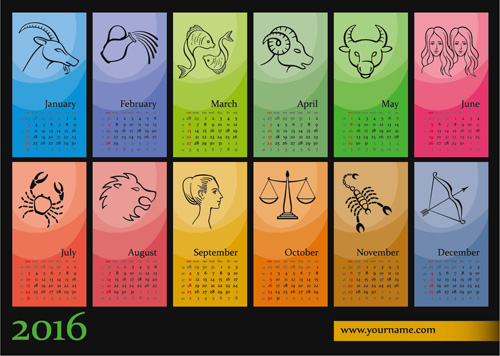 2016 Kalender mit Tierkreisvektor Tierkreiszeichen Kalender 2016   