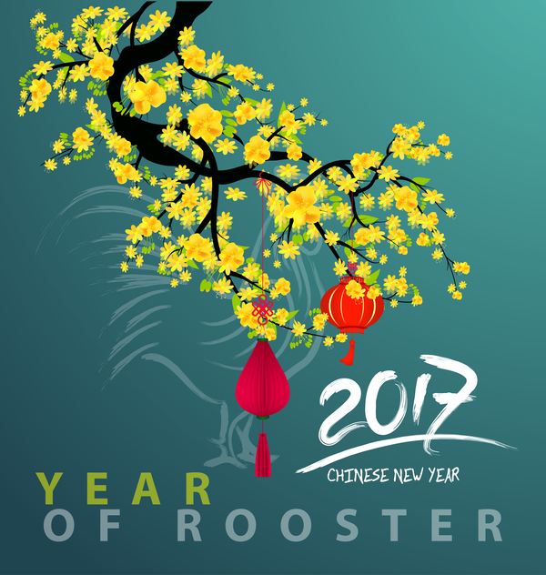 2017 nouvelle année chinoise de coq avec des fleurs et vecteur de fond vert vert nouveau fleurs coq Chinois année 2017   