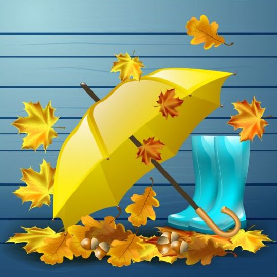 Feuilles d’automne avec des bottes et vecteur de parapluie 04 parapluie feuilles bottes automne   