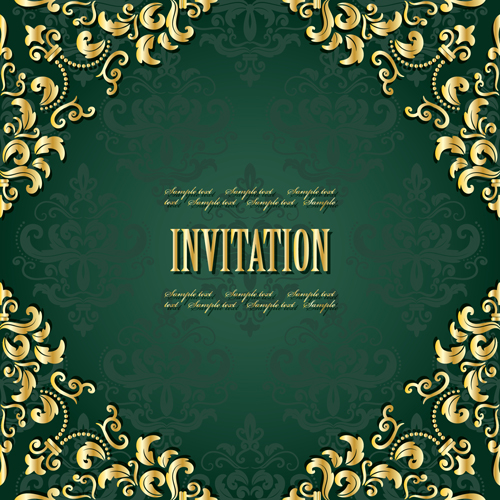 Goldener Rahmen mit grünem Einladungskartenvektor 04 Rahmen Karte grün gold Einladung   