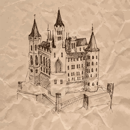 Handgezeichnete mittelalterliche Gebäude und zerknitterter Papiervektor 09 zerkleinert Papier zerbröselt Mittelalter Hand gezeichnet Gebäude   