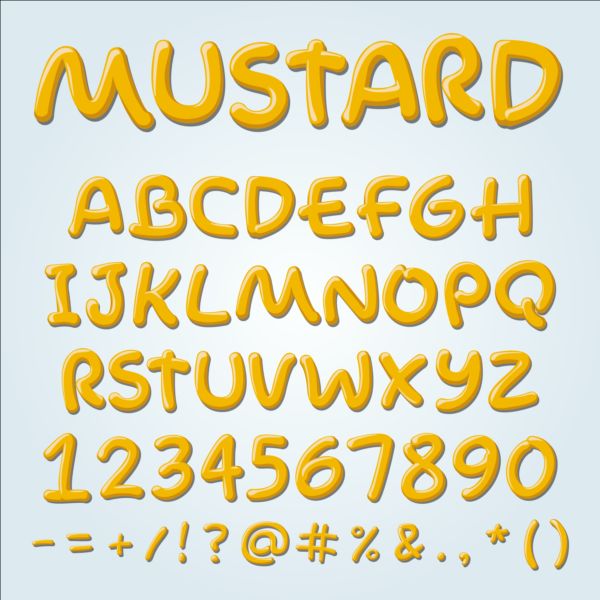 Senfgelb Alphabet mit Zahlen und Zeichenvektor Zahlen Schild Mustard gelb alphabet   