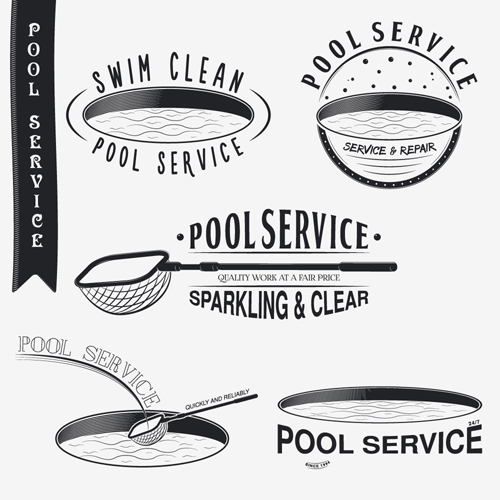 Logos de service de piscine avec des étiquettes vecteur noir 02 service pool logos étiquettes   