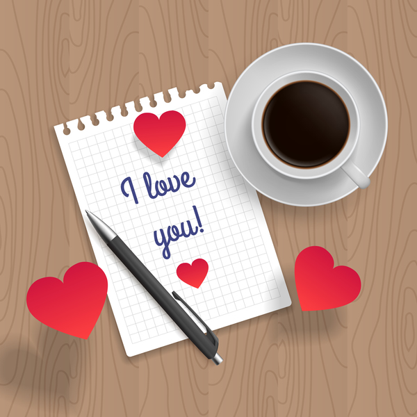 Message romantique avec le café et le vecteur rouge de coeur 04 rouge romantique message coeur cafe   
