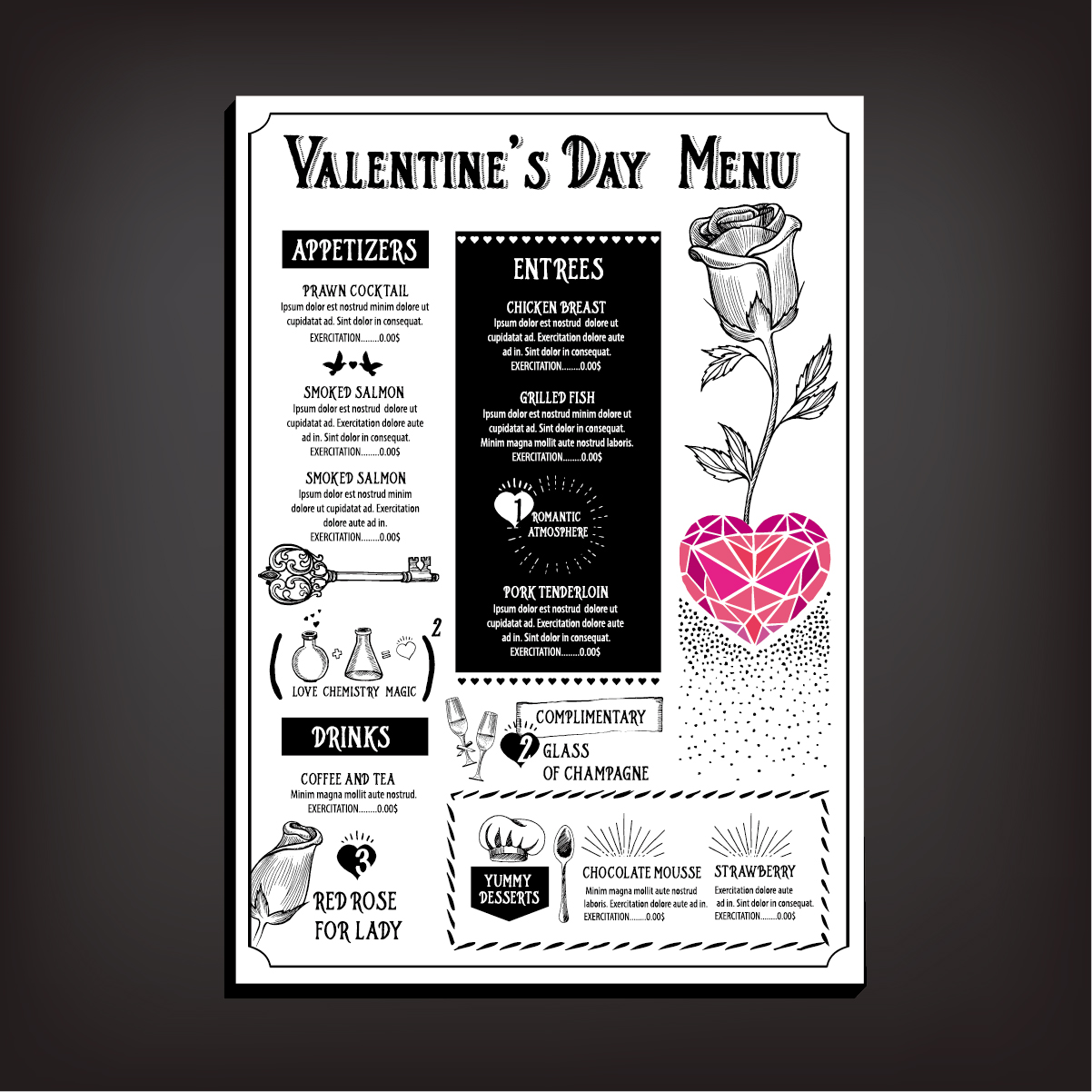 Saint Valentin restaurant menu Vintage vecteur 09 vintage Saint-Valentin restaurant menu   