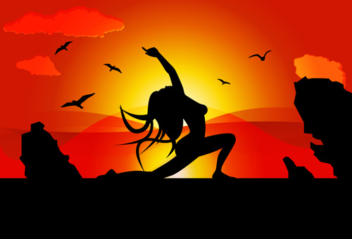 Posture de yoga silhouetter avec vecteur de fond coucher de soleil 02 yoga silhouetter pose fond coucher de soleil   