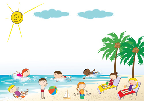 子供とビーチ夏の背景ベクトル01 背景 子供 夏 ビーチ   