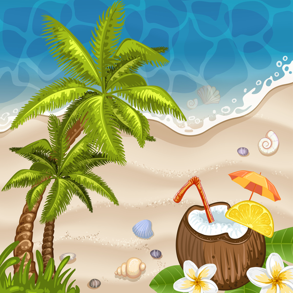 Sommerstrand mit Meerhintergrund und Kokospalmen Vektor 01 Strand Sommer Meer Kokosnuss Bäume   