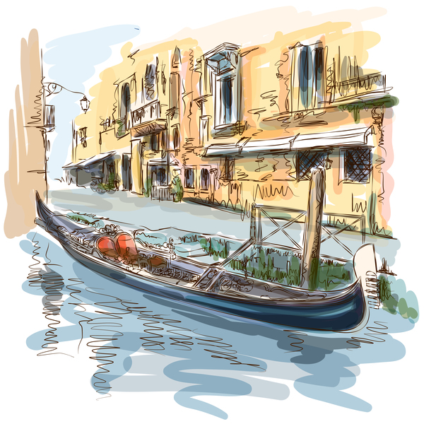ヴェネツィアイタリア風景手描画ベクトル01 風景 手 ヴェネツィア イタリア   