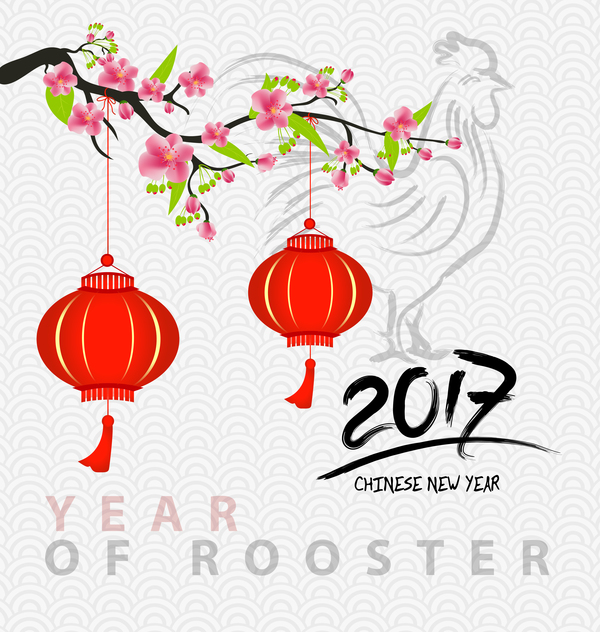 2017 chinois nouvelle année de coq avec des fleurs vecteur 06 nouveau fleurs coq Chinois année 2017   