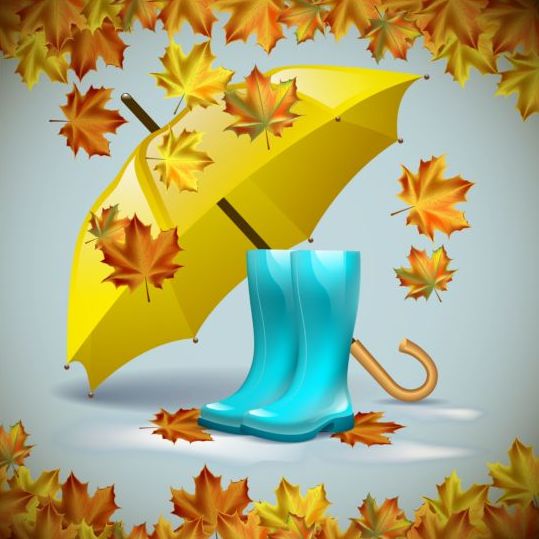 Feuilles d’automne avec des bottes et vecteur de parapluie 03 parapluie feuilles bottes automne   